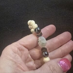 Rustic Cuff Cream Bead Bracelet with Hematite Accents